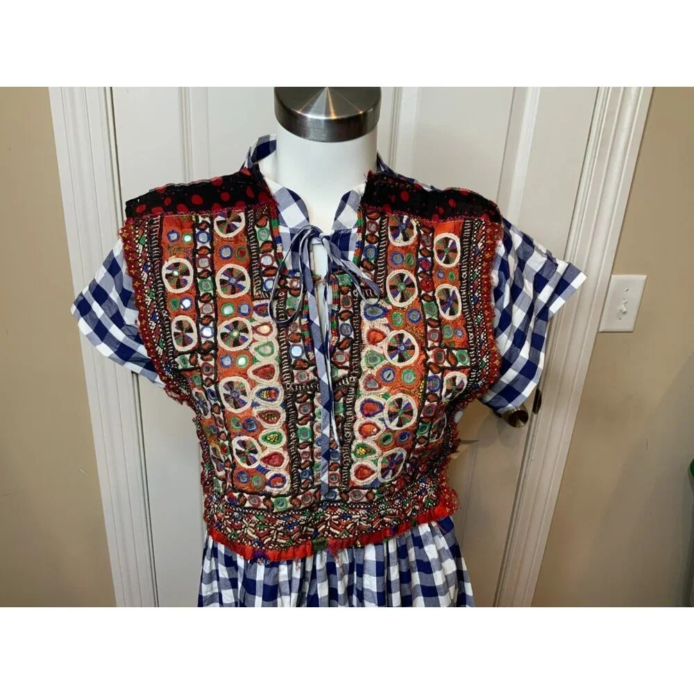 Comme Des Garcons Tao Blue & White Gingham Plaid Embroidered Dress Sz Small NWT - Picture 2 of 9